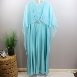 Vintage Changes Aqua‎ Blue Pleated Chiffon Gown Made in USA Size S